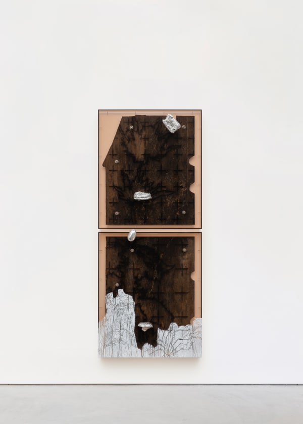 Saskia Noor van Imhoff Grids, Nettles and Thistles (Nitrogen Traces), 2024 Laser engraved rubber mat, aluminum cast, plexiglass, shading paint, two parts 172 x 72 x 18 cm | 67 3/4 x 28 3/8 x 7 1/8 in