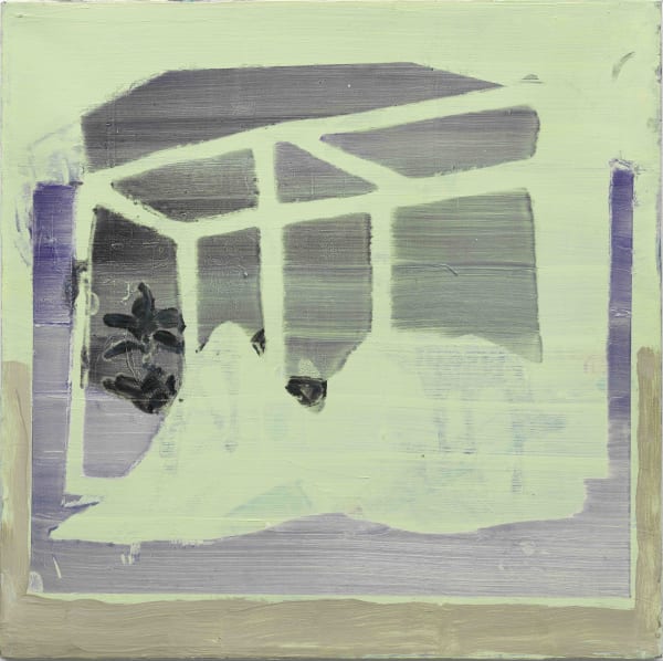 Oil on canvas of an abstract scene in green and purple shades