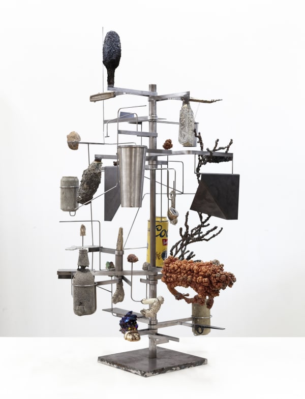 Nick van Woert Drink Sequence, 2018 Cat litter, coal staff, white bronze, aluminum, geode, lava rock, electroformed copper, 3 quarters, 2 dimes, a nickel, steel, epoxy, titanium, coated crystals, wooden foot, plastic statue parts, urethane, stainless steel, beer can, footballs, a piton 116.8 x 59.7 x 67.3 cm | 46 x 23 1/2 x 26 1/2 in