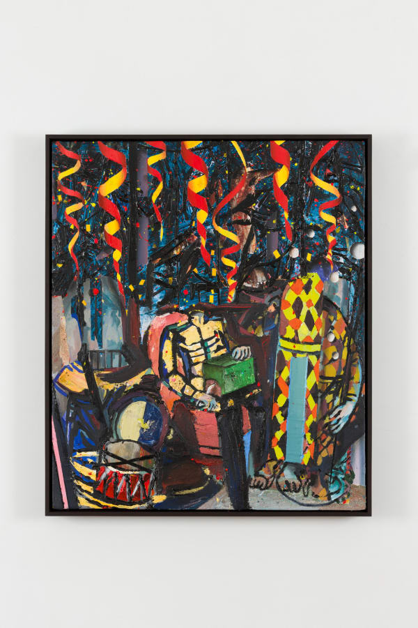 A mixed media painting of a figure sitting in a red chair while holding an unidentifiable green object.