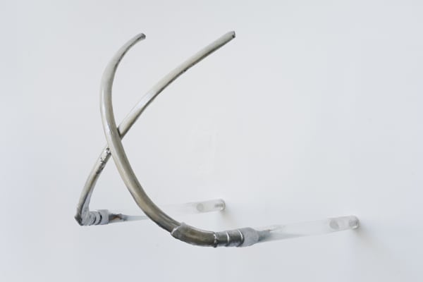 An image of two overlapping horse ribs attached to a white wall by electric cable and silicone tube.