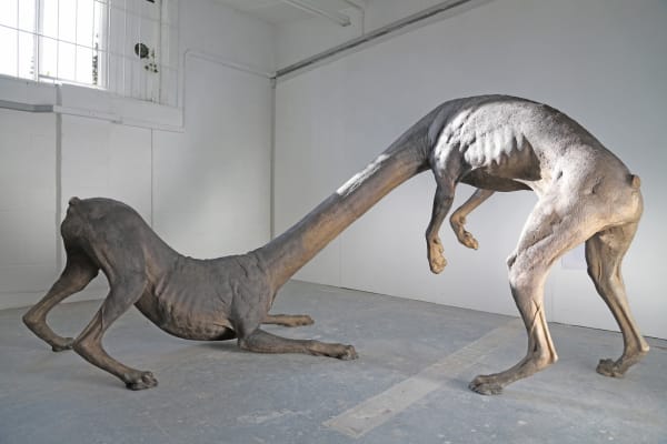 A bronze sculpture of two dog-like creatures that are connected to each other by one singular long neck.