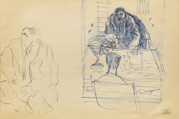 Syed Sadequain 1930-1987Study for L'Etranger, Meursault with the Priest & The Lawyer, circa 1965 Pencil and pen and ink on paper 'Atelier Sadequain' stamped lower right 35 x 52 cm 13 3/4 x 20 1/2 in