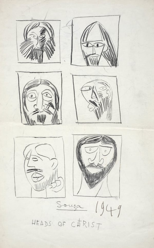 Francis Newton Souza 1924-2002Heads of Christ (verso); Fighting figures (recto), 1949 Signed and dated 'Souza 1949' and titled 'HEADS OF CHRIST' lower middle Pencil on Paper 34.3 x 21.6 cm 13 1/2 x 8 1/2 in