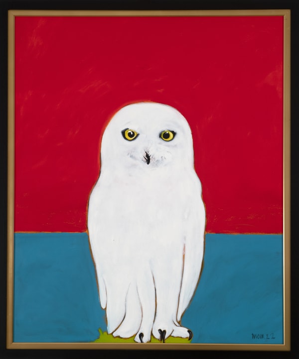 Jim Moir b. 1959Snowy Owl in hot climate , 2022 Signed and dated 'Moir 22' Oil on canvas 114.3 x 94 cm 45 x 37 in