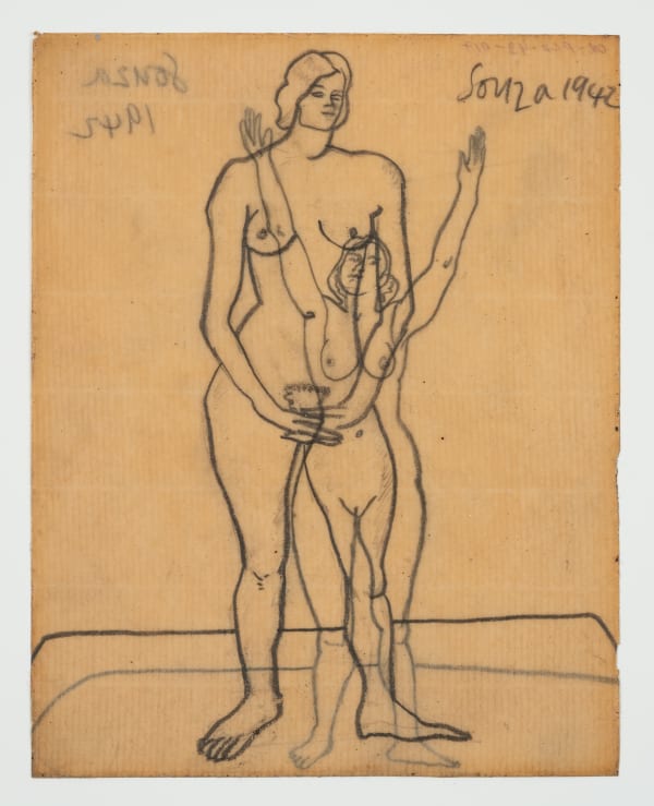 Francis Newton Souza 1924-2002Untitled - (Standing Nude) recto ; Untitled (Nude ) verso, 1942 Pencil on paper Signed and dated 'Souza 1942' (recto) Dated '1942' (verso) 20 x 15.9 cm 7 7/8 x 6 1/4 in