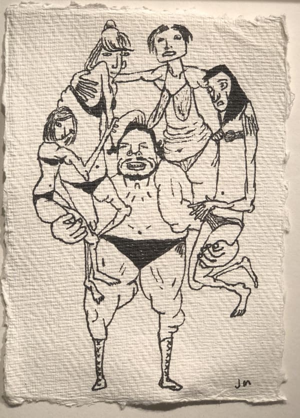 Jim Moir Strongman with Four Women, 2018 Ink on paper 15.5 x 11 cm