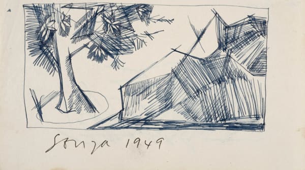 Francis Newton Souza 1924-2002Untitled (Landscape), 1949 Ink on paper Signed and dated "Souza 1949" lower left 8.6 x 10.8 cm 3 3/8 x 4 1/4 in