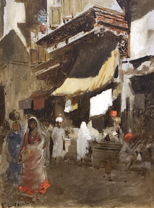 Edwin Lord Weeks 1849-1903Street Scene in Bombay Oil on board Signed E.L. Weeks, also inscribed on the reverse Please return to E.L. Weeks/ 128 Av. de Wagram, Paris 22 x 16 cm 8¾ x 6¼ inches Framed: 14¾ x 12½ (37.5 x 32 cm)