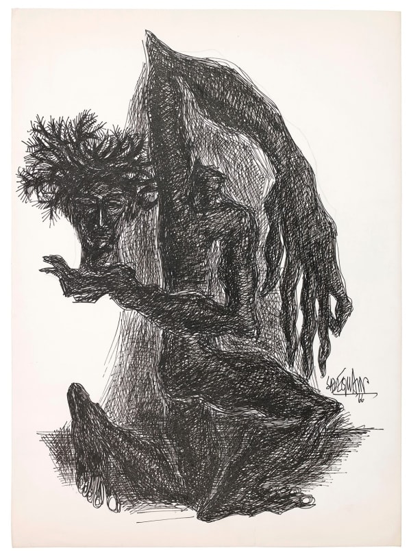 Syed Sadequain, Standing Self Portrait with Crown of Thorns (Webbed Series), 1966