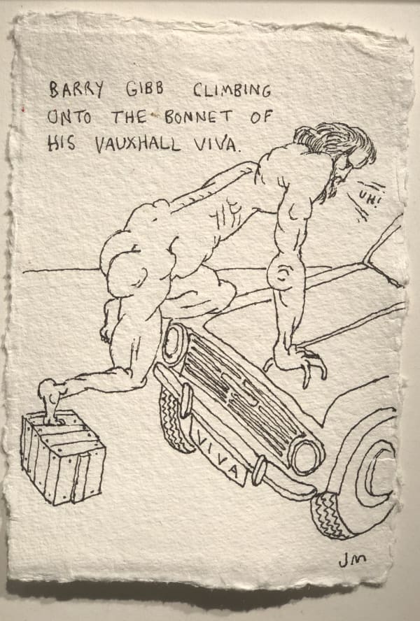 Jim Moir Barry Gibb on his car, 2018 Ink on paper 15.5 x 11 cm