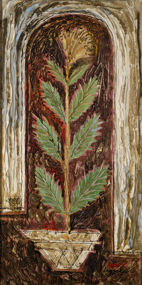 Laxman Pai 1926-2021Plante, 1960 Oil on canvas Signed and dated 'Laxman Pai/ Paris '60' and signed in Devanagari lower right, the reverse with a label inscribed 'No. 3 Galerie Dauphine, 19 Place Dauphine/ Paris I/ PLANTE... 1.200 NF' 100 x 50 cm 39 3/8 x 19 3/4 in