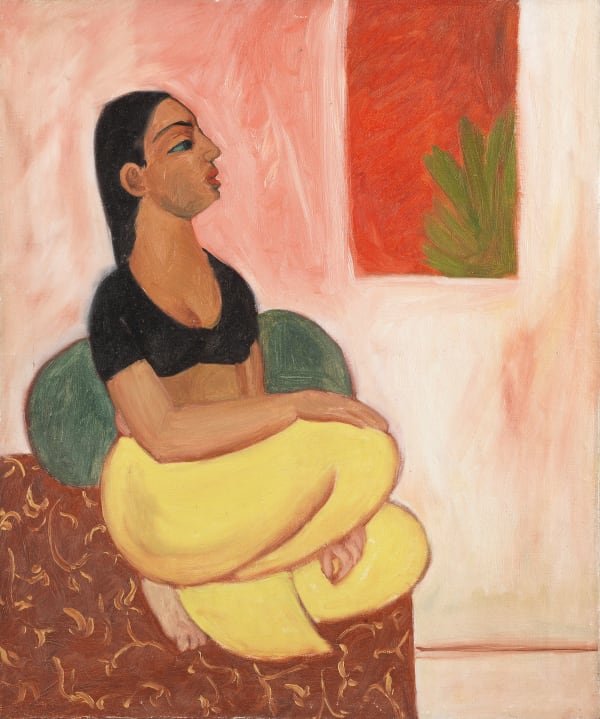 Sudhir Patwardhan b. 1949Woman in Black Blouse, 1988 Signed, dated, titled and inscribed 'Sudhir Patwardhan/ woman in Black Blouse/ 1988/ oil', and with gallery label on the reverse of the canvas Oil on canvas 61 x 50.7cm 24 x 19 15/16 in