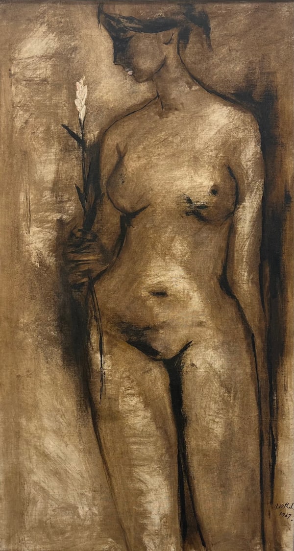 B. Vithal 1935-1992Untitled (Standing Nude with Flower), 1967 Signed and dated 'B. Vithal/ 1967' lower right Oil on canvas 91.5 x 51 cm 36 x 20 1/8 in