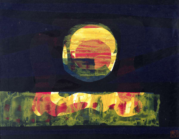 Ibrahim Wagh 1932-2013Untitled (Abstract forms with Red Sun), c.1970 Unique screenprint on paper Stamped with artist's monogram lower right 37 x 47 cm 14 5/8 x 18 1/2 in