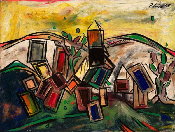 Lancelot Ribeiro 1933-2010Tree with Square Houses, 1968 Signed and dated 'Ribeiro 68' upper right Oil and polyvinyl acetate on canvas 28 x 37 cm 11 x 14 5/8 in