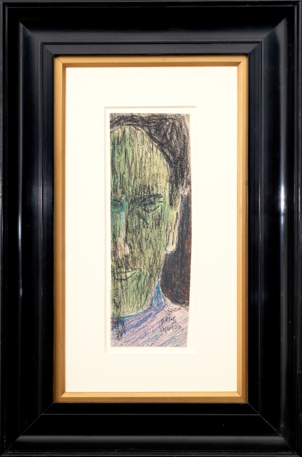 Rabindranath Tagore 1861-1941Untitled (Portrait of Anil Kumar Chanda), 1936 Signed, dated and inscribed ‘To Anil/ Rabindranth/ 21/8/36’ in Bengali lower right; inscribed '2' on the reverse Ink and crayon on paper 24.5 x 8.6 cm 9 5/8 x 3 3/8 in