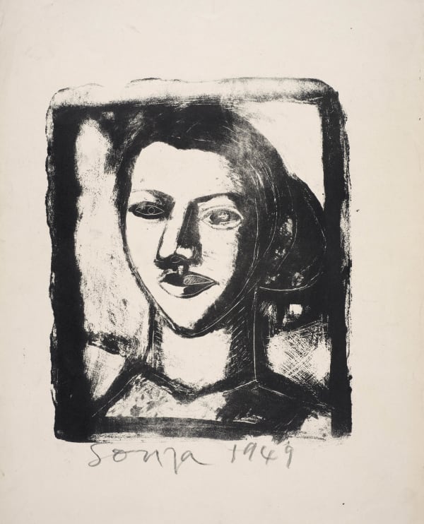 Francis Newton Souza 1924-2002Untitled - (Head of a Woman), 1949 Etching on Paper Signed and dated "Souza 1949" lower middle 36.5 x 28.9 cm 14 3/8 x 11 3/8 in