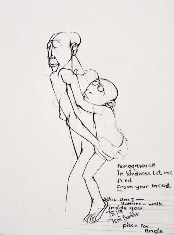 Dumile Feni 1942-1991Piece for Angie..., 1972 Ink on paper Signed and dated lower right and inscribed with a poem 26 x 18.2 cm 10 1/4 x 7 1/8 in