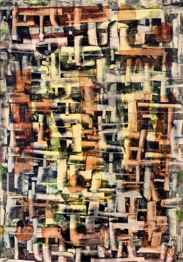 Ibrahim Wagh 1932-2013Untitled (Angular abstract froms), c.1970 Unique screenprint on paper Signed 'Wagh' lower right and stamped with the artist's monogram 60 x 43 cm 23 5/8 x 16 7/8 in