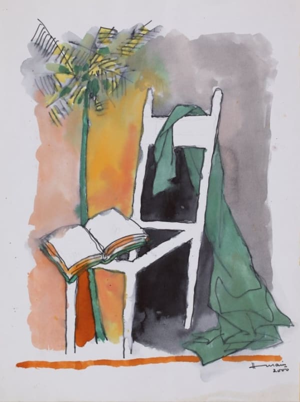 Maqbool Fida Husain 1915-2011Untitled (Still Life with Chair and Tree), 2000 Watercolour and ink on paper Signed and dated 41.9 x 31.8 cm 16 1/2 x 12 1/2 in