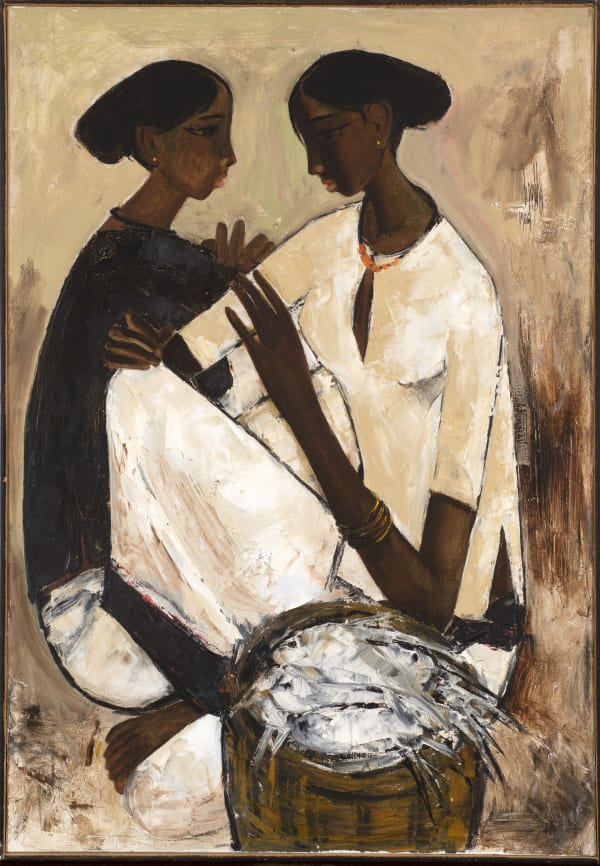 B Prabha 1933 - 2001 Two Fisherwomen, 1966 Signed and dated 'b. prabha/ 1966' upper right Oil on canvas 91.5 x 63.5 cm 36 1/8 x 25 in