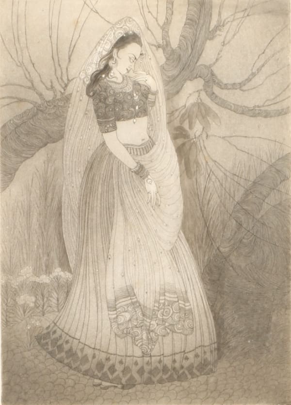 Abdur Rahman Chughtai 1897-1975Village Maidern, c.1967 Etching on paper Signed lower left, titled lower right 37 x 26 cm 14 5/8 x 10 1/4 in