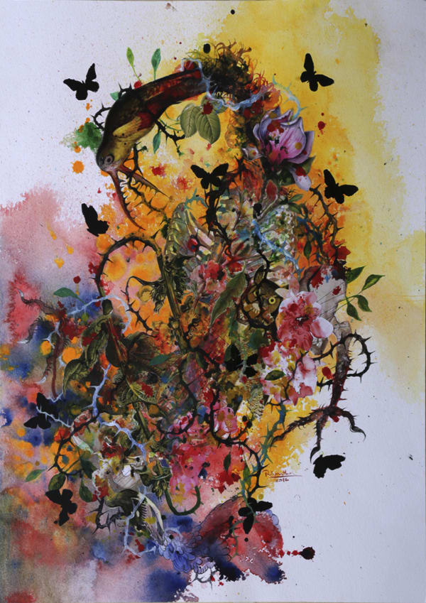 Priyantha Udagedara b. 1975Garden of Earthly Delight VI, 2016 Acrylic and collage on paper 65 x 50 cm 25 5/8 x 19 3/4 in