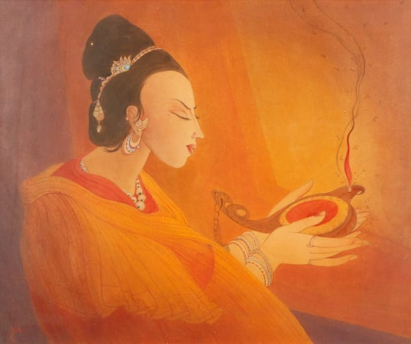 Abdur Rahman Chughtai, Maiden with an Oil lamp, c.1967