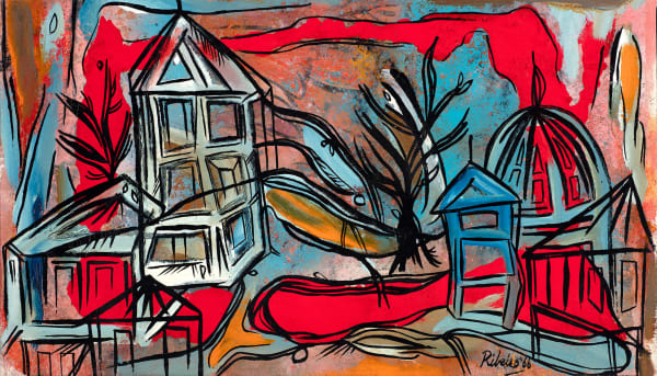 Lancelot Ribeiro 1933-2010Townscape, 1966 Signed and dated 'Ribeiro '66' lower right Oil and polyvinyl acetate on canvas 26.7 x 47.1 cm 10 1/2 x 18 1/2 in