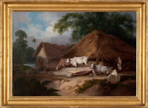 George Chinnery 1774-1852Village scene with cattle and figures Oil on canvas 38.1 x 55.9 cm 15 x 22 in