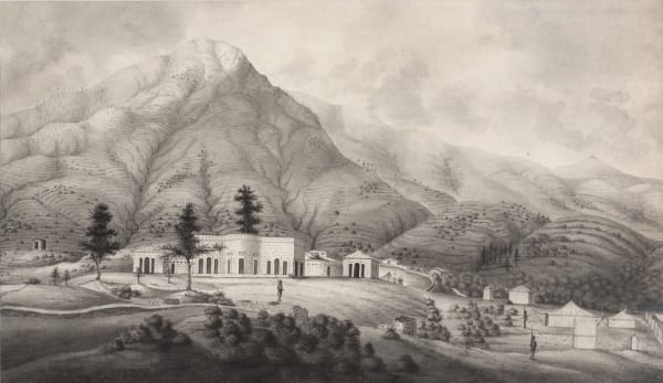 Company School A Company Settlement in the Indian Foothills, Early 19th Century Ink and wash on watermarked paper 27 x 46.5 cm 10 5/8 x 18 1/4 in