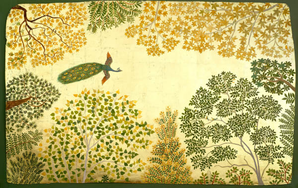 Jethro Buck b. 1986Peacock Canopy, 2024 Signed and dated 'JB 2024' lower right Natural pigments and gold leaf on handmade paper 91.5 x 143 cm 36 x 56 1/4 in