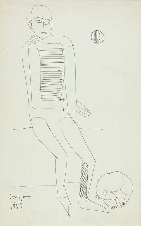 Francis Newton Souza 1924-2002Untitled (Man and Dog) recto; Untitled (Woman bathing), 1949 Ink on paper Signed and dated 'Souza 1949' lower left (recto) Signed and dated 'Souza 1940' upper left (verso) 34.3 x 21.5 cm 13 1/2 x 8 1/2 in