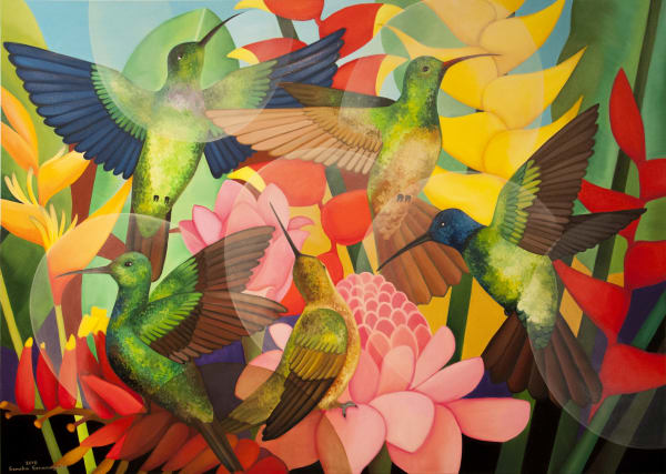 Senaka Senanayake b. 1951Hummingbirds, 2018 Oil on canvas Signed and dated 152.4 x 213.3 cm 60 x 84 in