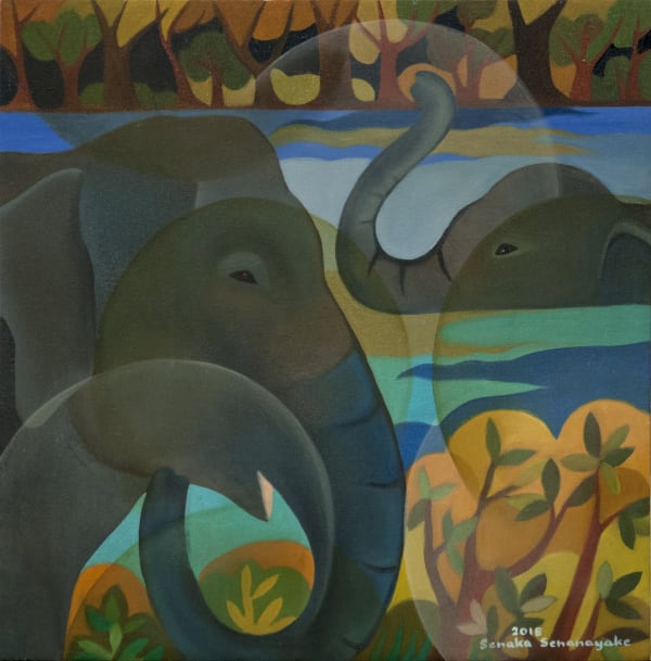 Senaka Senanayake b. 1951Bathing Elephants, 2018 Oil on canvas Signed and dated 60.9 x 60.9 cm 24 x 24 in
