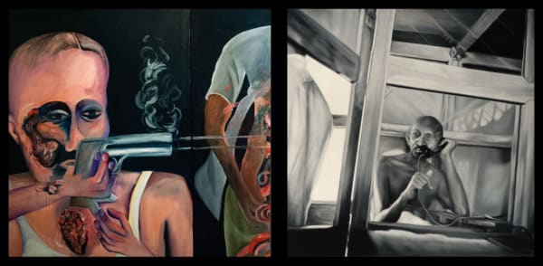 Atul Dodiya b. 1959Bapu Telephoning, 2016 Oil on canvas and archival digital print on hahnemuhle bamboo paper 50.8 x 104.1 cm 20 x 41 in