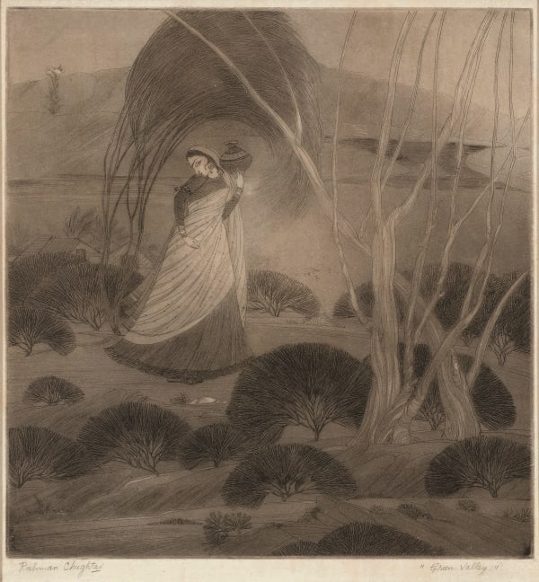 Abdur Rahman Chughtai 1897-1975Green Valley, circa 1950s Signed 'Rahman Chughtai' and titled in pencil along lower margin Dry point etching and aquatint on paper Image: 27.9 x 29.2 cm, 11 x 11 1/2 in