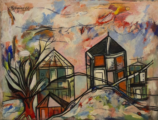 Lancelot Ribeiro 1933-2011Untitled (Landscape with Trees and Houses),, 1966 Oil and polyvinyl acetate on canvas 43.5 x 57.2 cm 17 1/8 x 22 1/2 in