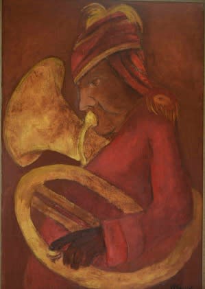 Krishen Khanna b. 1925Tuba Player, 2015 Oil on canvas 46 x 66 cm 18 1/8 x 26 in