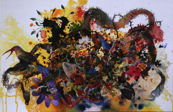 Priyantha Udagedara b. 1975Garden of Earthly Delight X, 2016 Acrylic and collage on canvas 32.5 x 50 cm 12 3/4 x 19 3/4 in