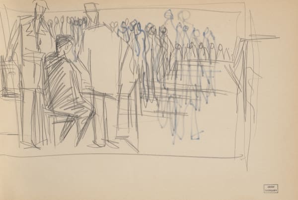 Syed Sadequain 1930-1987Study for L'Etranger, Meursault in the Courtroom, circa 1965 Pencil and felt pen on paper 'Atelier Sadequain' stamped lower right 35 x 51.5 cm 13 3/4 x 20 1/4 in