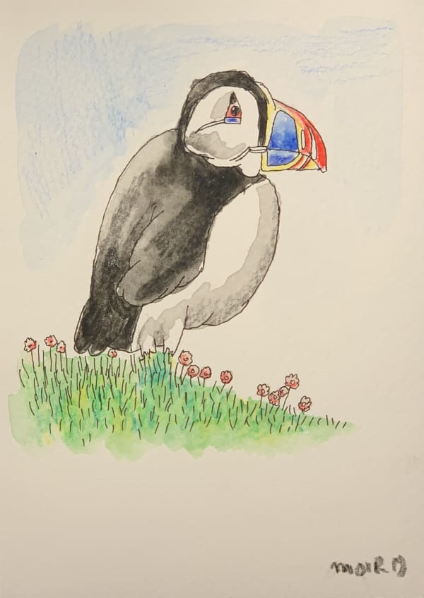 Jim Moir b. 1959Bird (Puffin), 2019 Mixed media on paper 14.5 x 10.2cm 5 3/4 x 4 in
