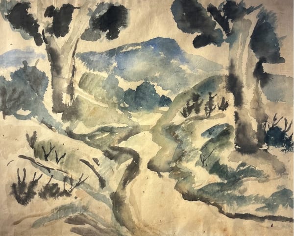 Benodebehari Mukherjee 1904-1980Rajgir Landscape, Circa 1946-47 Watercolor on rice paper 55.9 x 71.1 cm 22 x 28 in