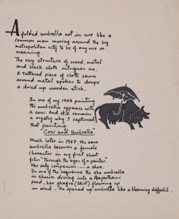 Maqbool Fida Husain 1915-2011Cow and Umbrella Pen and ink on paper 44.5 x 38.1 cm 17 1/2 x 15 in