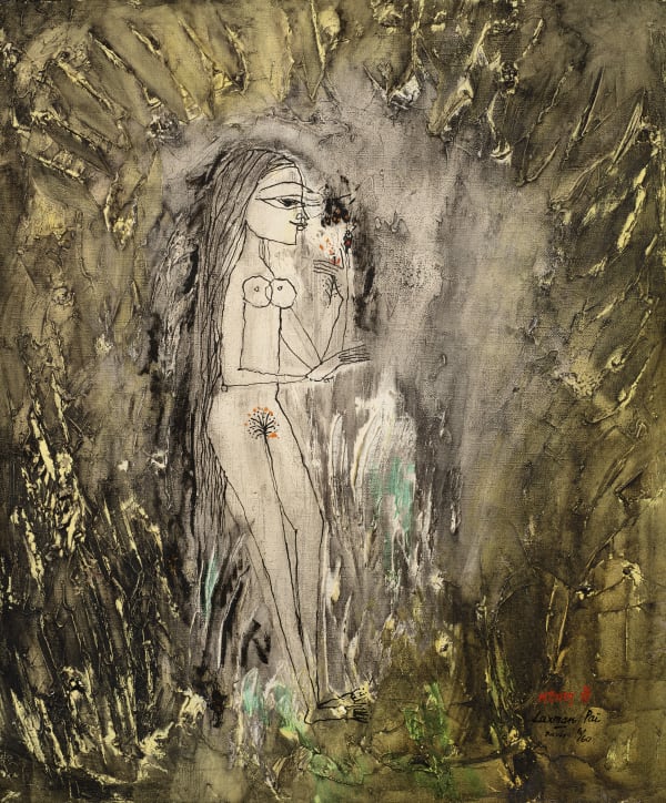 Laxman Pai 1926-2021Untitled (Nude with a Flower), 1960 Oil on canvas Signed and dated 'Laxman Pai/ Paris 6/60' and signed and dated in Devanagari lower right 55 x 46 cm 21 5/8 x 18 1/8 in