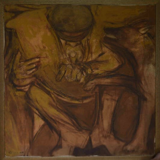 Krishen Khanna b. 1925Untitled, (Bandwalla with Trumpet and Dog), 2010 Oil on canvas 51 x 51 cm 20 1/8 x 20 1/8 in