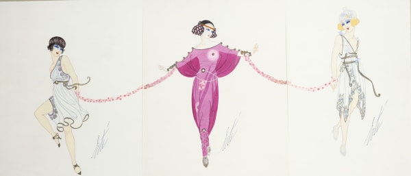 Romain de Tirtoff dit Erté 1892 - 1990Princess Aline, Mirabelle and Galatee for Les Rois des Legendes, 1919 A scene from La Marche a l’Etiole Femina Theatre, Paris Gouache 25 x 56 cm 9 7/8 x 22 1/8 in