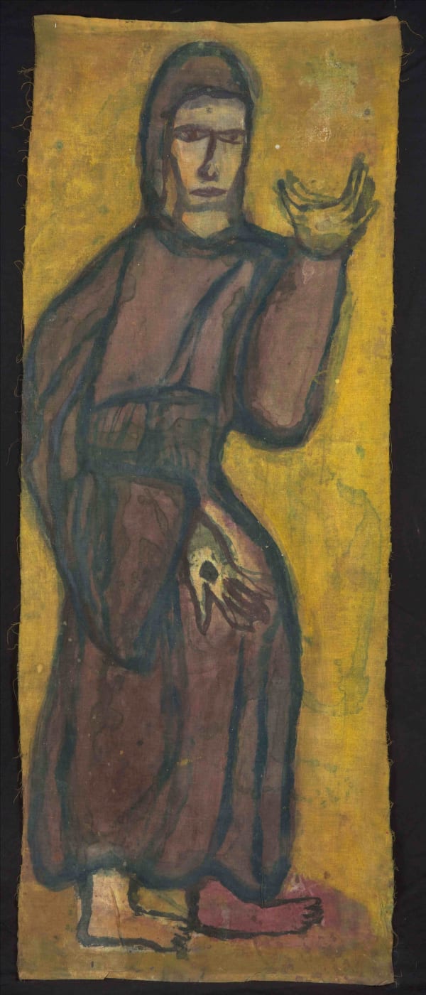 Mark Shields b. 1963Saint with Stone, 2014 Signed and titled on reverse Oil on muslin 152.4 x 60.9 cm 60 x 24 in