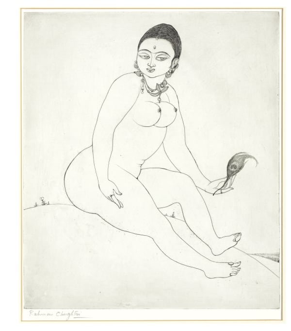 Abdur Rahman Chughtai, Untitled (Nude with a Feather)